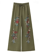  Pantalon large pour femme style bohème, longueur totale, imprimé floral naturel, poches, cordon de serrage élastique, confortable, extérieur, vacances, week-end, vert, été, coupe régulière