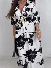 voordelige Casual bloemenjurken-Dames Halflange jurk Jurk met print Modieus Modern Buiten Vakantie Feestdagen Normale pasvorm Bloem 3/4 mouw V-hals Zwart en Wit Herfst