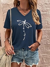 billige Dyrene tee-Dame T skjorte Grafisk Dyr Dragonfly Årgang Stilfull Klassisk Kortermet V-hals Vanlige topper Daglig Ut på byen Helg Trykt mønster Svart Rosa Rød Blå Grå Sommer Vår