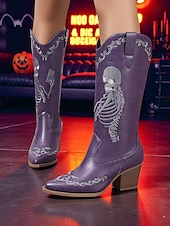abordables Para mujeres-Botas vaqueras azules occidentales para mujer con bordado de esqueleto rosa: botas de media pantorrilla con tacón grueso para disfraz gótico de Halloween, ideal para cosplay, conciertos y festivales