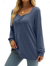ieftine tricou simplu-Pentru femei Bluză Culoare solidă Stilat Casual Manșon Lung În V Topuri obișnuite Zilnic Negru Albastru piscină Portocaliu Bej Vară Primăvară