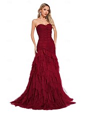 baratos Vestidos de Noite-Vestido de Festa de Sereia  Trompete Elegante Vestido Formal de Baile com Cauda Sem Mangas Gola Coração em Tule com Pregas e Xale