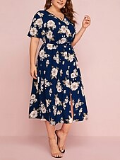 ieftine Rochii-Pentru femei Mărime Plus Rochie casual Floral În V Manșon scurt Vară Primăvară Elegant Modă Modern Casual Rochii Midi Zilnic Concediu Rochie
