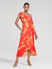 abordables Robes de vacances-Robe mi-longue à basque pour femmes, tenue d&#039;invité de mariage, violet, orange, manches courtes, volants fleuris, cravate sur le devant, printemps &amp;amp; été asymétrique romantique s m l