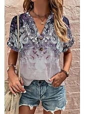 tanie T-shirt boho-Damskie Podkoszulek Graficzny Plemienny Elegancki Codzienny Boho Krótki rękaw W serek Zwykłe topy Codzienny Wyjściowe Weekend Nadruk Czarny i biały Czerwony Fioletowy Czerwony / Niebieski Lato Wiosna