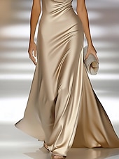 abordables Champagne-Robe de soirée dorée élégante, robe de mariée formelle, traîne à balayage / pinceau, sans manches, col bénitier, satin avec fronces 2025