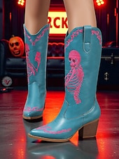 abordables Para mujeres-Botas vaqueras azules occidentales para mujer con bordado de esqueleto rosa: botas de media pantorrilla con tacón grueso para disfraz gótico de Halloween, ideal para cosplay, conciertos y festivales