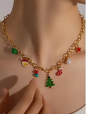 abordables Collar de mujer-Conjunto de joyas navideñas para mujer: collar, pulsera y pendientes de cadena dorada con colgantes de árbol festivo, Papá Noel y medias, divertidos accesorios navideños para atuendos de fiesta