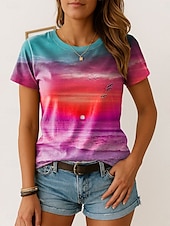 abordables T-shirt Art &amp; Design-Femmes T-shirt A Ombre Graphique ancien Élégant Classique Manche Courte Col ras du cou Hauts Réguliers Quotidien Week-end Imprimé Rose Claire Bleu Violet Orange Été Printemps