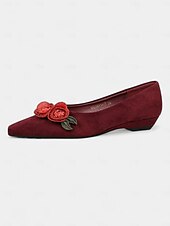 abordables Sandalias planas de mujer-Bailarinas de ante burdeos para mujer: diseño de rosas bordadas con flores, elegantes zapatos sin cordones con punta puntiaguda para salidas informales, fiestas en el jardín y citas románticas.