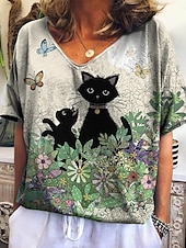 tanie koszulka graficzna-Damskie Podkoszulek Kwiaty Kot Moda Nowoczesny Codzienny Krótki rękaw W serek Zwykłe topy Codzienny Weekend Nadruk Czerwony Niebieski Zielony Szary Lato