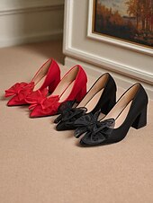 お買い得  1950年代-女性用 ヒール ワーク 日常 リボン チャンキーヒール ポインテッドトゥ エレガント ウォーキング サテン ローファー ブラック レッド