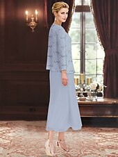 economico Con giacca-Abito da sposa in due pezzi con paillettes e pizzo, elegante, semplice e lussuoso, in chiffon, con scollo a barca, lunghezza midi, senza maniche, con giacca a maniche lunghe 2025