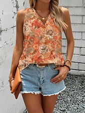 billige Blomstrete tanktop-Dame Camisole Tank Top Blomstret Grafisk Geometrisk Elegant Årgang Tropisk Ermeløs V-hals Vanlige topper Daglig Trykt mønster Svart Oransje Grønn Beige Sommer Vår