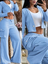 billiga Blusdräkter för kvinnor-Dam Mode Streetwear Byxuppsättningar Långärmad V-hals Ensfärgat Snörning Semester Ledigt / vardag Gul Himmelsblå Kaki Sommar Normal