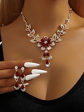abordables Collar de mujer-Conjunto de collar y pendientes de cristal azul bañados en oro para mujer con diseño floral: elegante joyería de fiesta para eventos formales y celebraciones nocturnas.