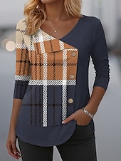 billige Stripe og geometrisk t-skjorte-Dame T skjorte Grafisk Geometrisk Ruter Mote Fritid Langermet Crew-hals Vanlige topper Daglig Lapper Knapper Trykt mønster Rød Blå Oransje Grønn Vår Høst Vinter