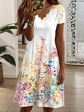 preiswerte Blumenkleid-Damen Minikleid T-Shirt-Kleid Sommerkleid A Linie Kleid Urlaub Lässig Täglich Normale Passform Blumen Grafik Kurzarm V Ausschnitt Gelb Rosa Blau Grün Sommer Frühling