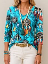 ieftine tricou boho-Pentru femei Tricou Grafic Pană Epocă Stilat Casual Manșon Lung În V Topuri obișnuite Zilnic Imprimeu Albastru piscină Mov Portocaliu Trifoi Vară Primăvară Toamnă