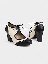 olcso 1950-es évek retró stílusa-női, 1930-as évek ihlette, kétszínű, fűzős oxford magassarkú – retró műbőr vastag cipők vintage őszi és téli szettekhez és teadélutánokhoz