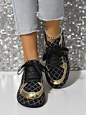 baratos Festa da Vida Noturna-Tênis femininos acolchoados com strass - sapatos de festa com cadarço preto e prata para vida noturna, baladas e streetwear moderno