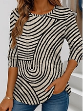 ieftine Tricou cu dungi și geometric-Pentru femei Tricou Grafic Geometric Dungi Epocă Modă Stilat Manșon Lung Stil Nautic Topuri obișnuite Zilnic Imprimeu Alb Albastru piscină Mov Portocaliu Maro Vară Primăvară Toamnă