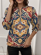 cheap Boho Tops-Women&#039;s Pullover Sweatshirt Zip Up Sweatshirts Graphic Geometric Casual Long Sleeve Crew Neck Regular Tops Street Dailywear Zipper Print Yellow Red Blue Orange Fall Winter