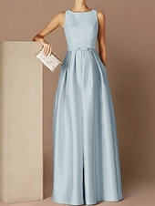abordables Champagne-Robe de soirée élégante en A-line pour mariage à la plage robe de soirée formelle longueur de sol sans manches en satin avec ceinture  ruban plis appliques