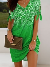 preiswerte Boho Kleider-Damen Minikleid Freizeitkleid T-Shirt-Kleid Sommerkleid Elegant Urlaub Vintage Kalter Schulter-Ärmel Normale Passform Ombre Grafik Geometrisch Kurzarm V Ausschnitt Rote Blau Purpur Grün Sommer