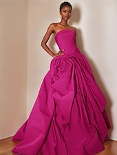 preiswerte ROT-Ballkleid A-Linie Abfall Taille Abendkleid Promistil Blumen Kleid Karneval Formal Watteau Zug Ärmellos Strapless Satin mit Rüschchen