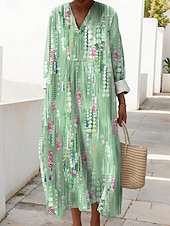 abordables Art &amp; Design Robes-Femmes Robe Midi Robe d&#039;Été Robe trapèze Vacances Occasionnel Quotidien Graphique Géométrique manche longue Col en V Bleu marine Jaune Vert Beige Été Printemps Automne