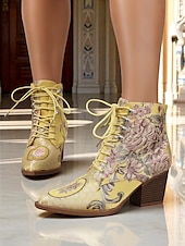 abordables années 1930-Bottines à lacets en jacquard jaune pour femmes avec talons épais - bottes courtes baroques de style victorien de la fin du XIXe siècle pour dames, idéales pour les tenues d&#039;automne, les fêtes