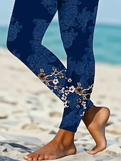cheap Art&amp;Design Print-Women's Leggings Vacation Vintage Fashion Ankle-Length High Waist Floral Graphic Paisley Printing Soft Breathable High Elasticity Daily Outdoor Navy Light Blue Spring Fall Winter Slim Fit