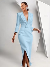 preiswerte Smokingkleider-Blazer Kleid Meerjungfrau  Trompete Mutter der Braut Kleid Crepe Smoking Kleid Elegantes Hoher Schlitz Schal Revers Bodenlänges 3/4-Ärmel mit Gürtel Einfarbig