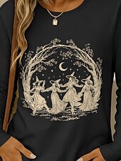 abordables Hauts d&amp;#39;Halloween-Halloween Femmes T-shirt Graphique Sorcière ancien Élégant Classique manche longue Col ras du cou Col rond Hauts Réguliers Quotidien Week-end Imprimé Noir Vin Bleu Violet Vert Printemps Automne