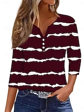 economico T-shirt a righe e geometrico-Per donna Camicia Bottoni Stampato A righe Elegante Casual Manica Lunga Scollo a V Top Regolari Quotidiano Blu Bianco Vino Verde Estate Primavera Autunno