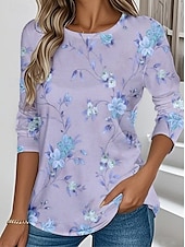 ieftine tricou floral-Paște Pentru femei Tricou Floral Grafic Plante Epocă Stilat Clasic Manșon Lung Stil Nautic Rotund Topuri obișnuite Zilnic Imprimeu Roz Îmbujorat Mov Trifoi Vară Primăvară Toamnă