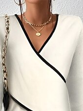 billiga Kvinnors Enfärgade Toppar-Dam Blus Färgblock Stylish Ledigt Långärmad V-hals Vanliga toppar Dagligen Korsvis Vit Kaki Sommar Vår Höst