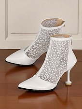 preiswerte Stiefeletten-Beige Damenstiefeletten mit Absatz aus Spitze und Kunstleder – elegante Brautstiefel mit spitzer Spitze und floraler Spitze für Hochzeiten, formelle Veranstaltungen und besondere Anlässe