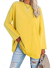 economico T-shirt semplice-Camicia da donna in 100% cotone blouse colore solido stilosa casual maniche lunghe colletto rotondo regolari top quotidiano nero bianco giallo rosa primavera autunno pre-autunno