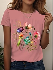 billige Blomster t-skjorte-Dame T skjorte Blomstret Grafisk Planter Årgang Stilfull Klassisk Kortermet Crew-hals Vanlige topper Daglig Ut på byen Helg Trykt mønster Svart Hvit Rosa Blå Himmelblå Sommer Vår Høst