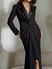 levne černý-Tuxedo Šaty Matka Nevěsty Šaty Elegantní Blazér Šaty Jednoduché Minimalistické V- Límec Satén Podlahová Délka Krepa Stretch Tkanina Dlouhý Rukáv s Twist Detaily