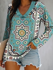 abordables T-shirt Boho-Femmes T-shirt Graphique Géométrique Paisley Élégant ancien Classique manche longue Col en V Hauts Réguliers Quotidien Sortir Week-end Imprimé Bleu Violet Vert Été Printemps Automne