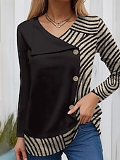 economico T-shirt a righe e geometrico-Per donna Maglietta Grafico Geometrico Moda Casual Manica Lunga Scollo a V Top Regolari Quotidiano Patchwork Bottoni Stampato Nero Marrone chiaro Cachi Primavera Autunno Inverno