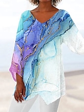 billige Kvinnenes Kunst &amp; Design Topper-Dame Bluse Nyanse Grafisk Abstrakt Årgang Tropisk Stilfull 3/4 ermer V-hals Vanlige topper Daglig Ferie Trykt mønster Himmelblå Dusty Blue Lys Lilla Sommer Vår Høst