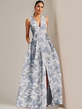 ieftine roz-Rochie de seară A-line elegantă brocard jacard rochie formală de nuntă lungime până la podea fără mâneci decolteu în V cu fante rochie pentru oaspeți de nuntă