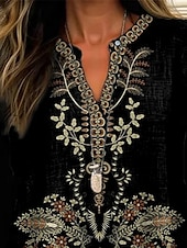billige Kvinne Boho Topper-Dame Skjorte Blomstret Daglig Fritid Langermet V-hals Vanlige topper Daglig Ferie Knapper Trykt mønster Svart Vår Høst