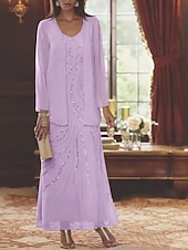 billiga Med jacka-Strandbröllop tvådelad kroppsnära brudmods klänning bröllopsgäst elegant glittra  glänsa V-hals ankel längd chiffon pälssmyckad lång ärm med paljetter skräddarsydd storlek