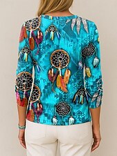 ieftine tricou boho-Pentru femei Tricou Grafic Pană Epocă Stilat Casual Manșon Lung În V Topuri obișnuite Zilnic Imprimeu Albastru piscină Mov Portocaliu Trifoi Vară Primăvară Toamnă