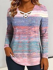 billige Stripe og geometrisk t-skjorte-Dame T skjorte Grafisk Geometrisk Årgang Stilfull Klassisk Langermet V-hals Vanlige topper Daglig Utskjæring Trykt mønster Rosa Blå Lilla Grønn Vår Høst